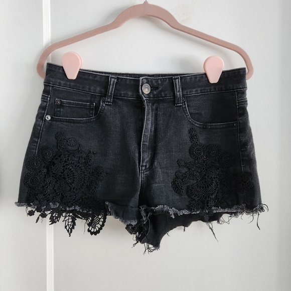 American Eagle Black Cut Off Jean Shirts With Lace Trim - Picture 1 of 4
